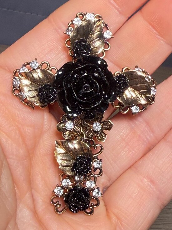 OOAK Jewelry - Cross Brooch Black Rose Rhinestone Gold Tone Gothic OOAK 2.75”